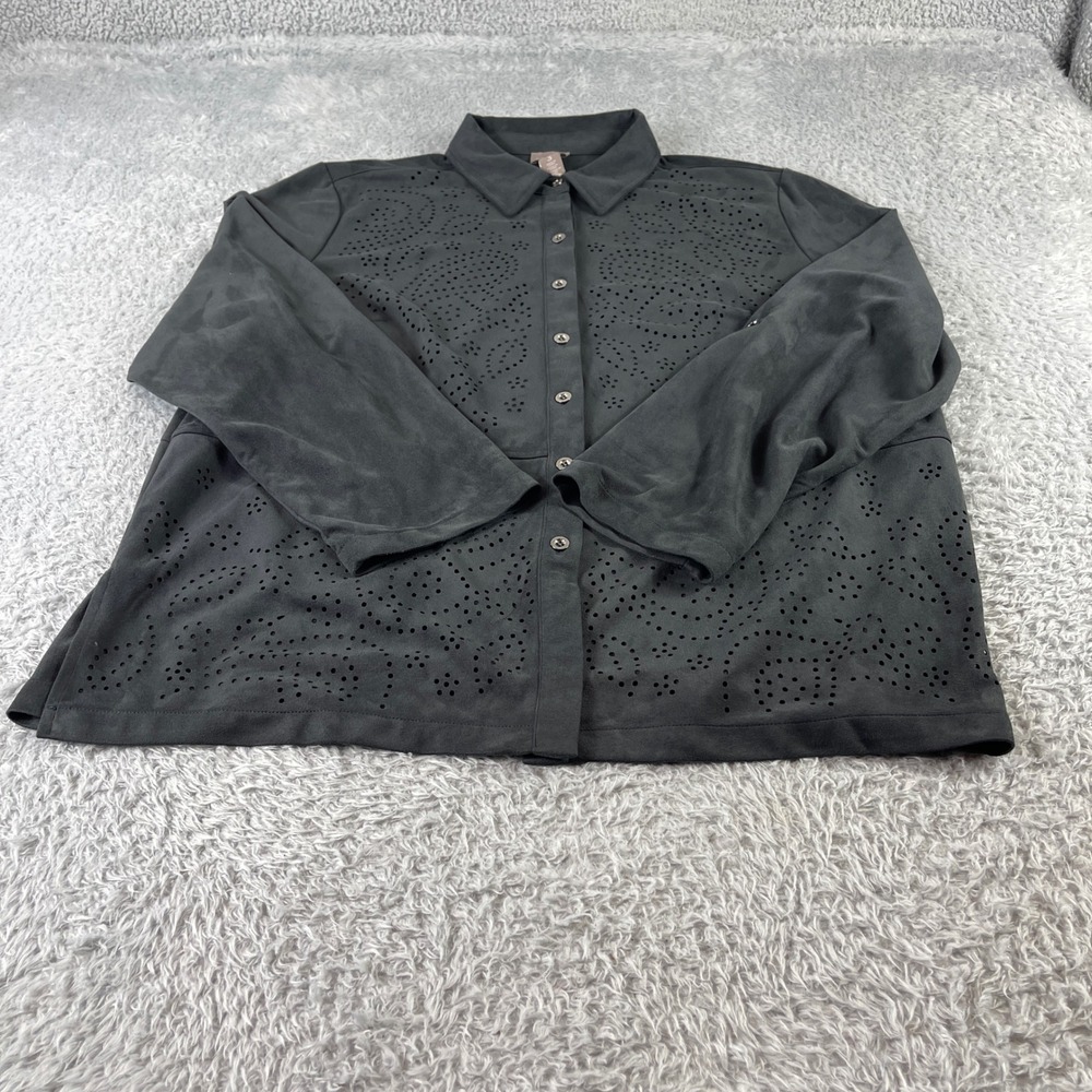 Chicos 3 Black Suede Laser Cut Button Front Shirt Jacket Size 3